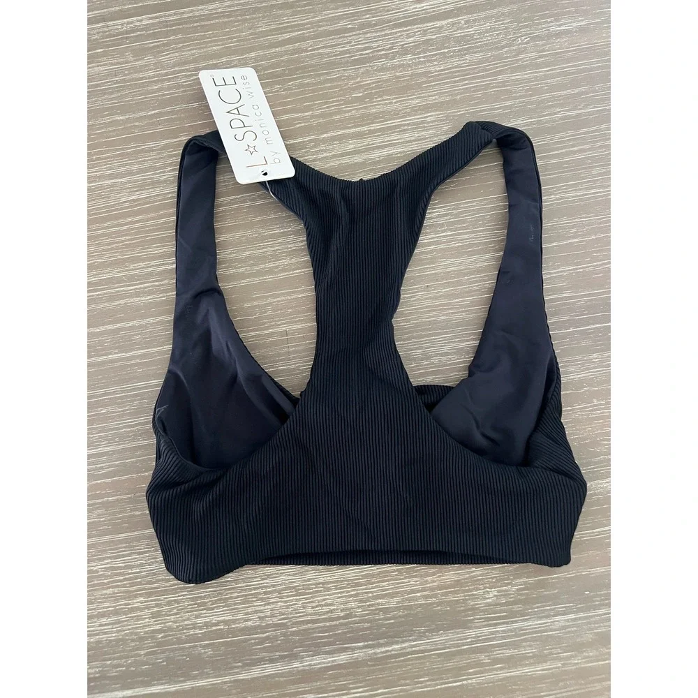 L*Space Tara Ribbed Bikini Top Black XS/TP Tie Front Racerback‎ Swimsuit